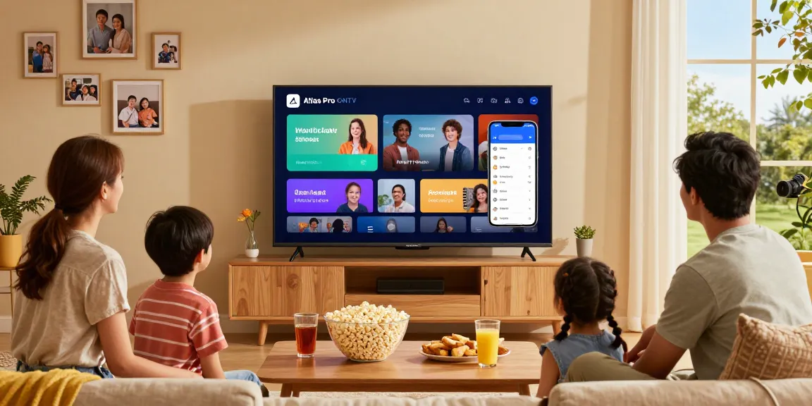 Famille profitant d'Atlas Pro sur Smart TV dans un salon moderne