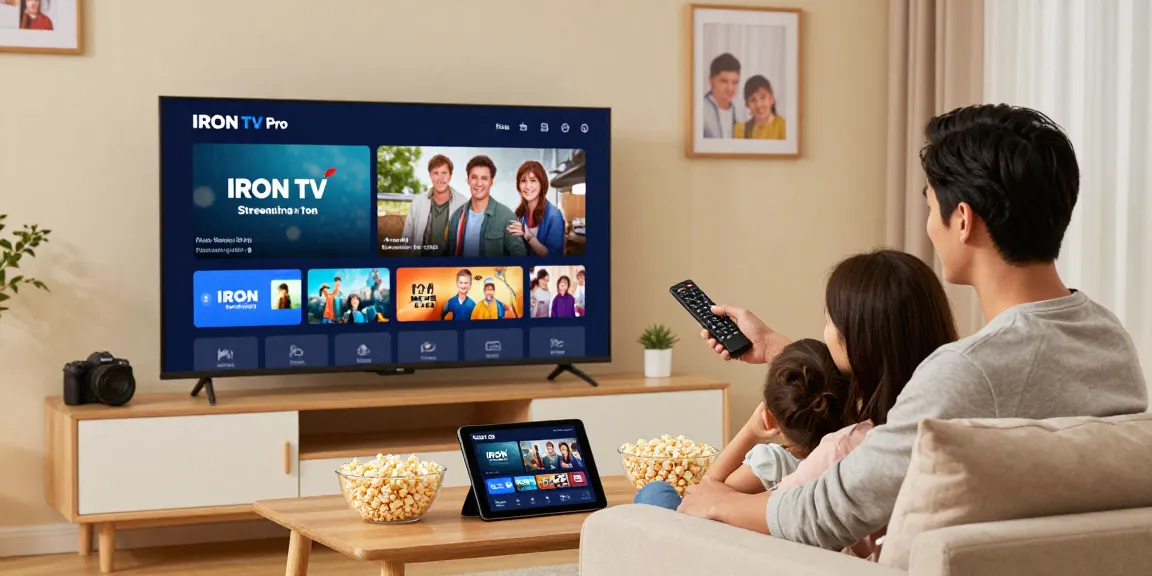 Une famille profitant de leur abonnement IRON TV en regardant des films sur écran plat.